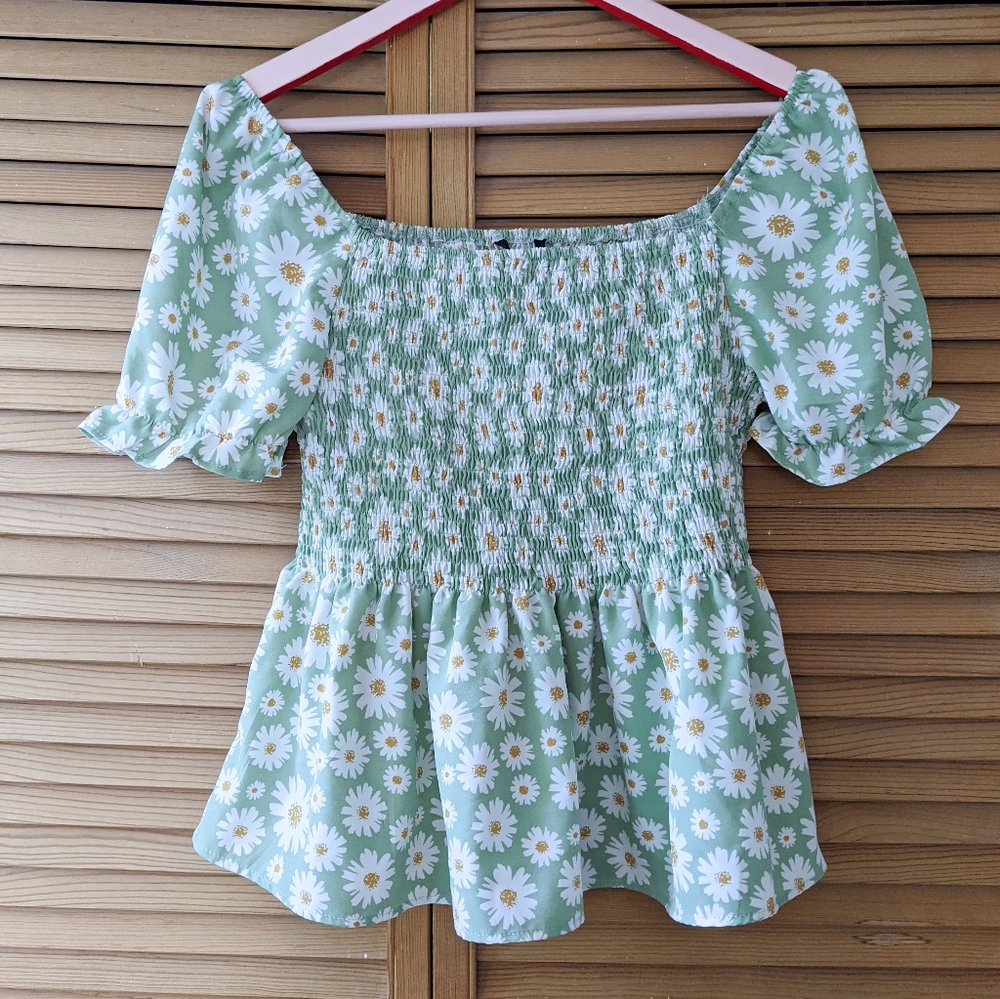 Shein | floral puff-sleeve peplum shirt 🌼 XL